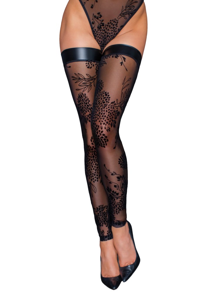 Tulle stockings with patterned flock embroidery - M