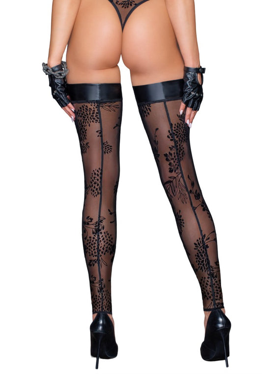 Tulle stockings with patterned flock embroidery - M