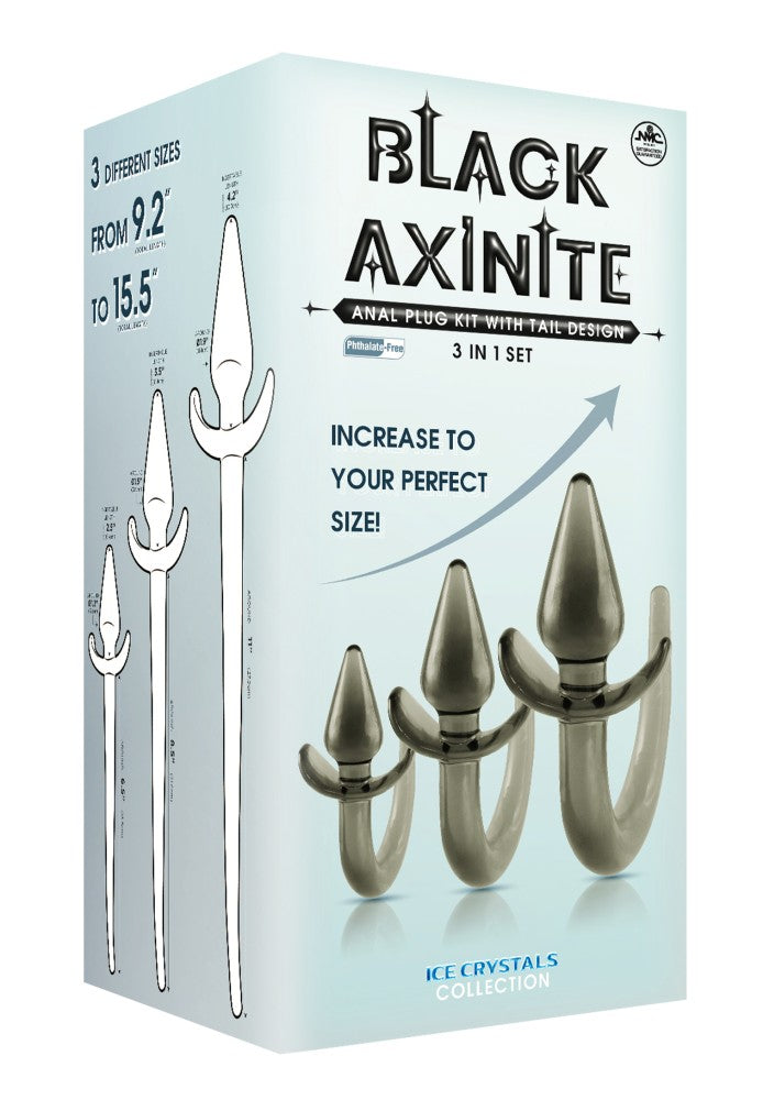 Black Axinite 3 In 1 Anal Plug Kit Set with Tail Design: 9.2", 12.3", 15.5"